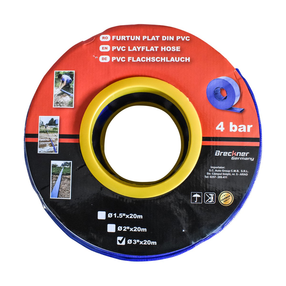 Furtun plat, siliconat pentru irigat din PVC 3 toli lungime 20m Breckner Germany